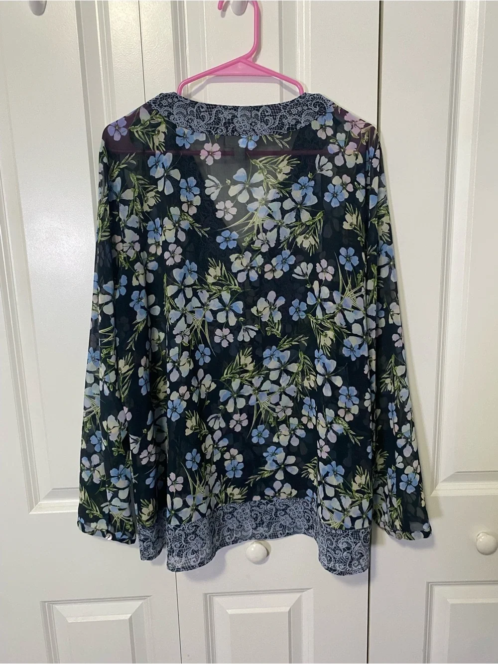 J Jill Navy Floral Lace V-Neck Peasant Blouse